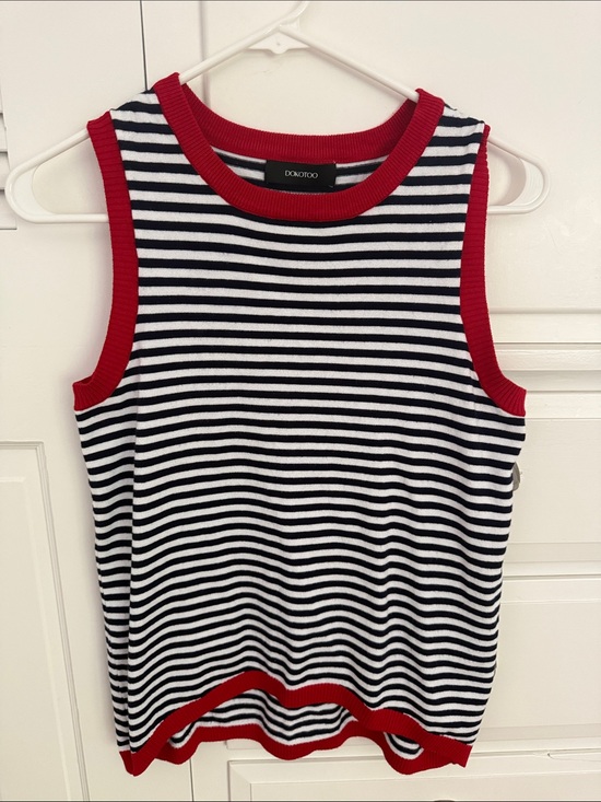 Dokotoo Tops - DONOTOO Black & White Striped Tank with Red Trim
